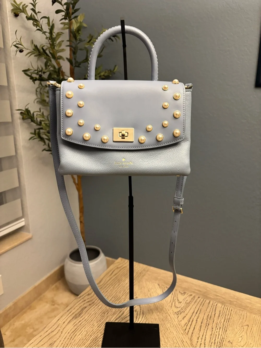 kate spade light blue satchel with pearls and gold studs